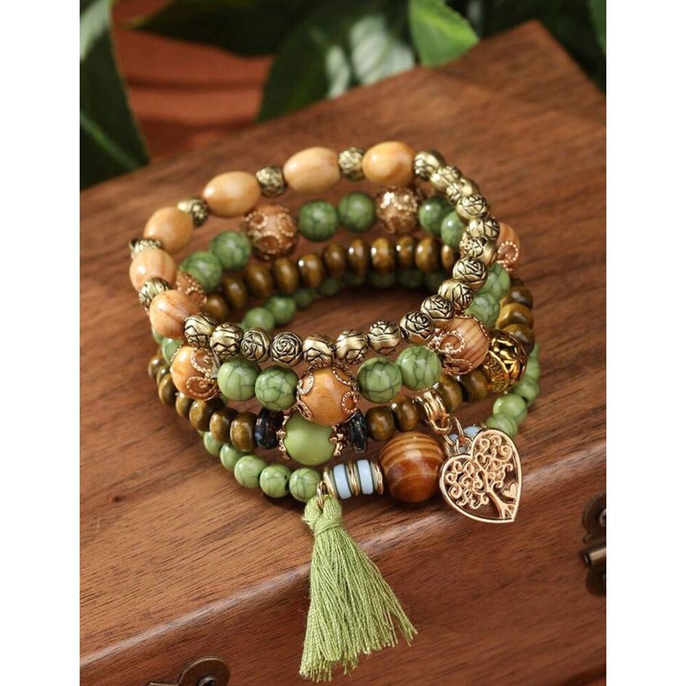 4pcs/Set Bohemian Style Heart Tree Of Life Pendant Wood Beaded Bracelets Set